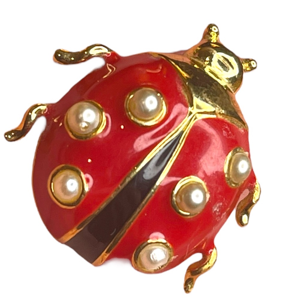 Vintage Marvella lady bug brooch enamel colorful gold finish stamped